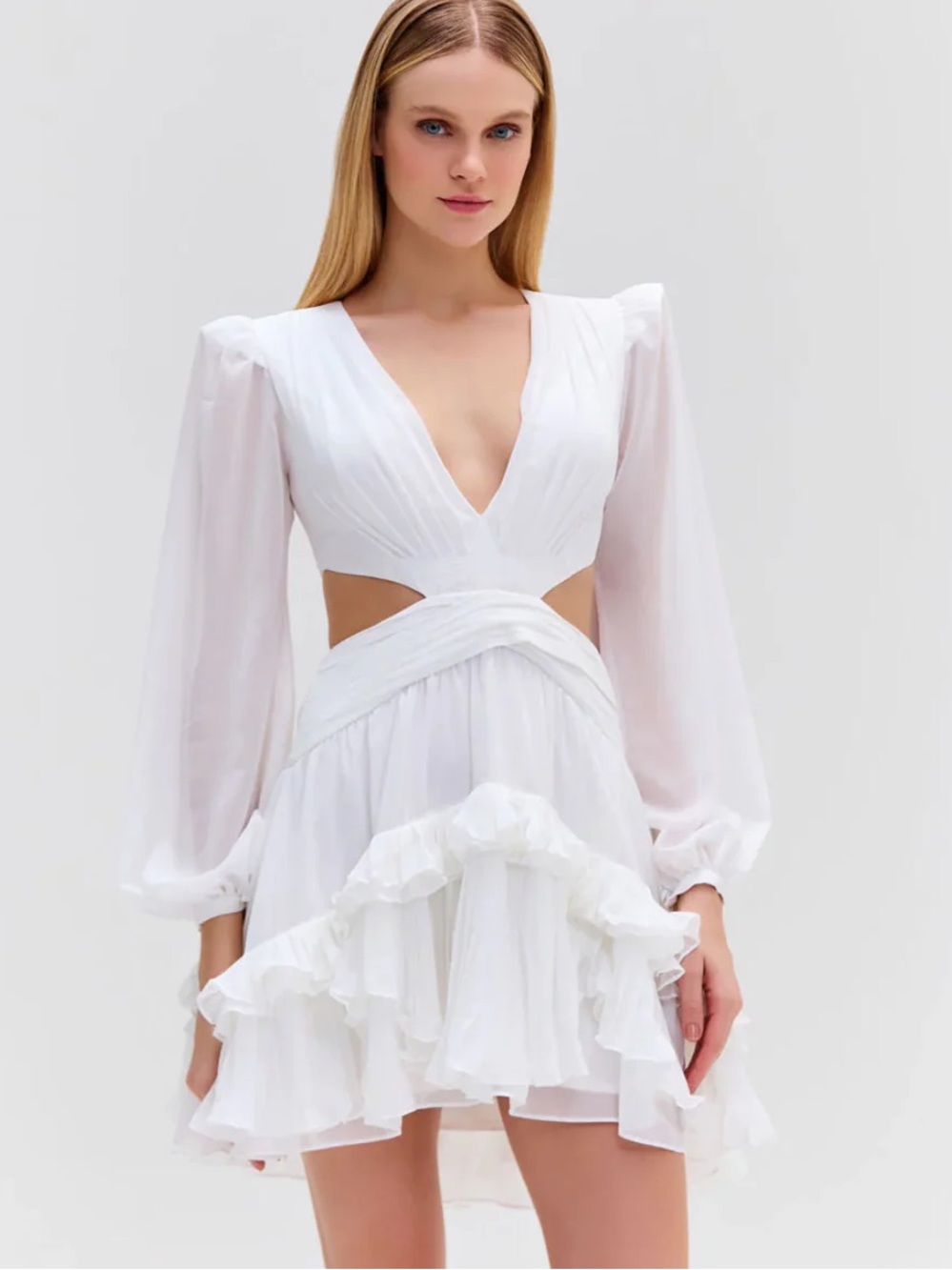 NWT PatBO White Pleated V-Neck Long Sleeve Dress